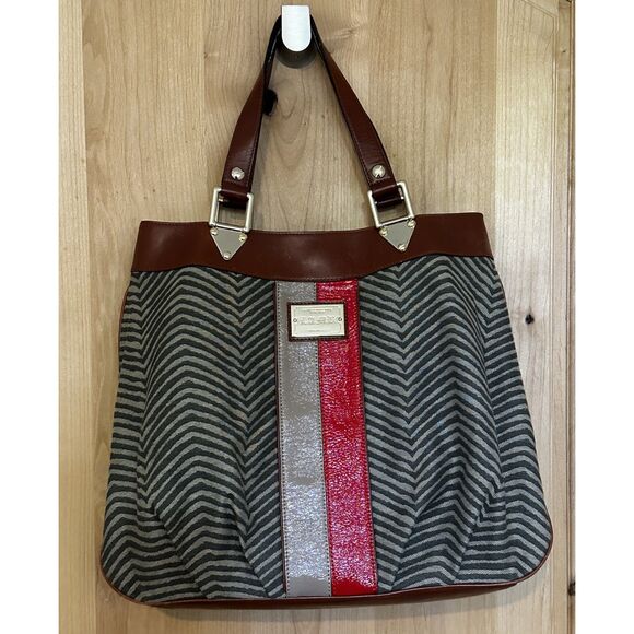 Handbags - L.A.M.B. Center Patent Leather Stripes Canvas Large Shoulder Bag by Gwen Stefani